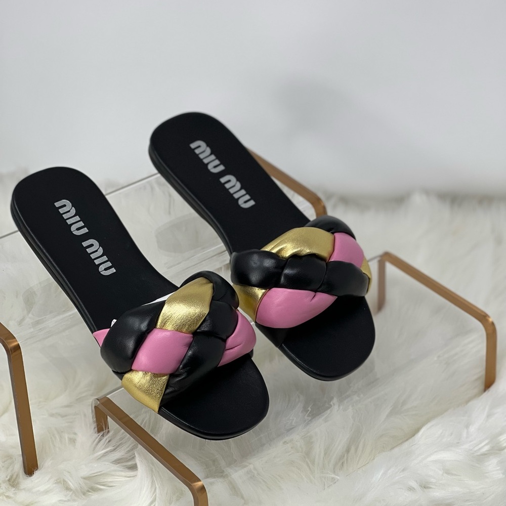 Miu Miu flat nappa leather sandals multicolor black EURO size 39/USA 9 - Picture 2 of 11